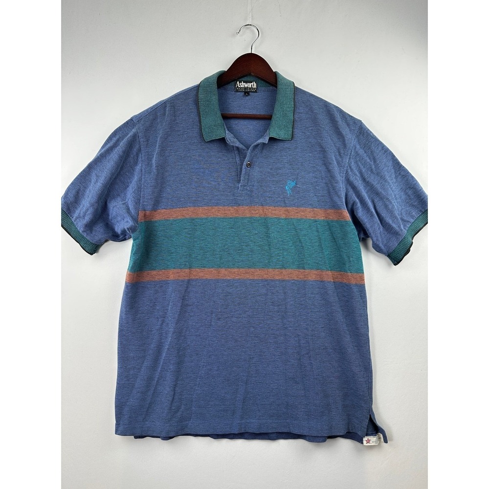 Ashworth Polo Shirt L Blue Striped Vintage 90s Golf Made in USA Cotton Mens